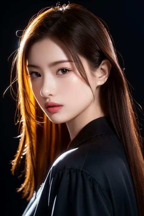 hyper quality ,high detail ,high resolution,FHD,1080P,2K4K18K, professional camera , studio light ,1girl , solo,(From the front), portrait , half BODY , whole body, put on a BLACK oversize SHIRT , Shiny and fair skin , black background, 
