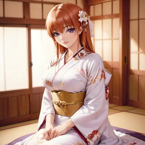 ((Highest quality)), ((masterpiece)), (detailed), （Perfect Face）、The woman is Maya Cordelia, with orange semi-long hair, wearing a luxurious Japanese kimono wedding dress, and her hair is tied in a Japanese style.、The woman spends her wedding night in a Ja...