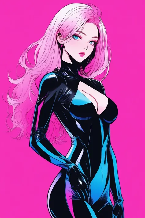 Illustrator, anime , Realistic ,sketch , 1 person, model, Age 25, lip, A revealing black bodysuit, A revealing black jumpsuit, order, Blue and pink gradient background, Neon Medium Hair, Big Breasts, I can see her cleavage, look back, Upper Body, Sexy look...