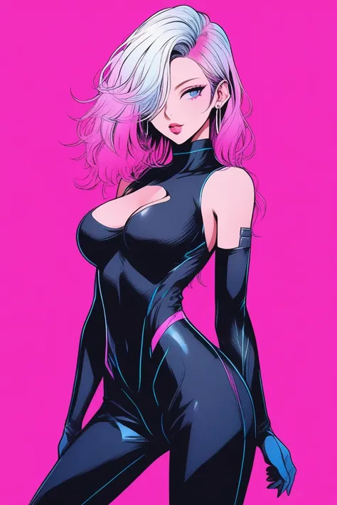 Illustrator, anime , Realistic ,sketch , 1 person, model, Age 25, lip, A revealing black bodysuit, A revealing black jumpsuit, order, Blue and pink gradient background, Neon Medium Hair, Big Breasts, I can see her cleavage, look back, Upper Body, Sexy look...