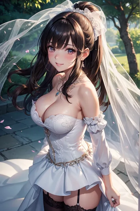 A woman in a dress and stockings standing in front of a tree, wedding dress, off the shoulder, long wedding veil, necklace, jewelry, (skirt parted in front), thigh highs, (panties:0.9), big rounds breasts, dark brown hair, long bangs, long hair, ponytail, ...