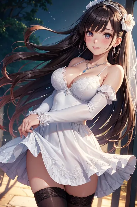 A woman in a dress and stockings standing in front of a tree, wedding dress, off the shoulder, long wedding veil, necklace, jewelry, (skirt parted in front), thigh highs, (panties:0.9), big rounds breasts, dark brown hair, long bangs, long hair, ponytail, ...