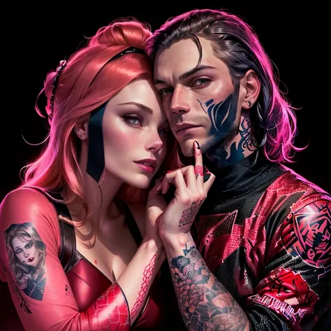 close-up of a man with tattoos on his arms, Martin then, Erin Moriarty as Scarlet Witch, Martin then artwork portrait, Betty Cooper, by Galen Dara, neon operator Margot Robbie, Matt Stewart, red ink, zombie, inspired by Bill Sienkiewicz, by Gavin Nolan, co...