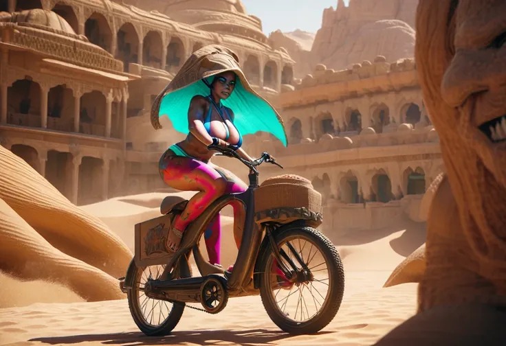 a cute alien girl with brightly colored skin, wearing a swimsuit, looking sweaty and in excellent shape, with big breasts, riding a merchant bicycle outside of Jabbas palace on the desert world of Tattooine, highres, 8k, photorealistic, detailed lighting, ...