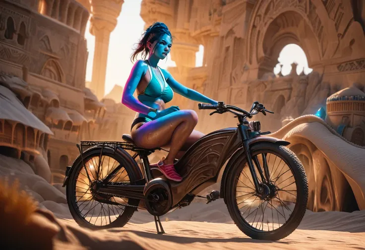 a cute alien girl with brightly colored skin, wearing a swimsuit, looking sweaty and in excellent shape, with big breasts, riding a merchant bicycle outside of Jabbas palace on the desert world of Tattooine, highres, 8k, photorealistic, detailed lighting, ...