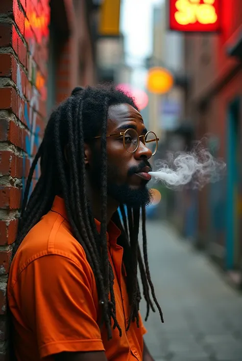 Create an image of a hunchback with dreadlocks, with glasses, orange shirt with a collar and smoking