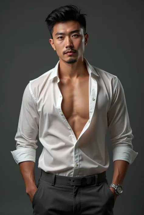 Asian man(korean,vietnamese,chinese,Japanese), 20 years old, Handsome and elegant,beardless, Wearing a  transparent shirt, sexy , Masculine and handsome，musculous，Muscles look good，hairy bodies, with fair skin,, Full body photo,(ultra-detailed, photorealis...