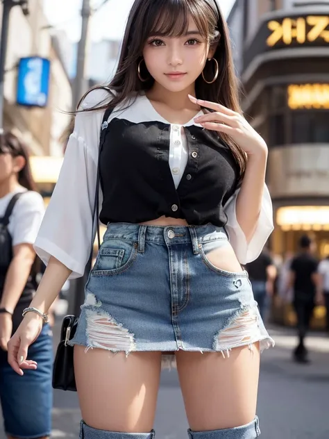 Product quality,1 girl,Cowboy Shot,Front view,(Thigh Emphasis:1.6),(Angle up to the knee:1.5)Young and cute Japanese,20-year-old,smile,Harajuku,(Crowded street:1.4),Snazzy,((White blouse:1.5)),wear,(Snazzyバッグ:1.5),Fashionable necklaces,Stylish earrings,((U...