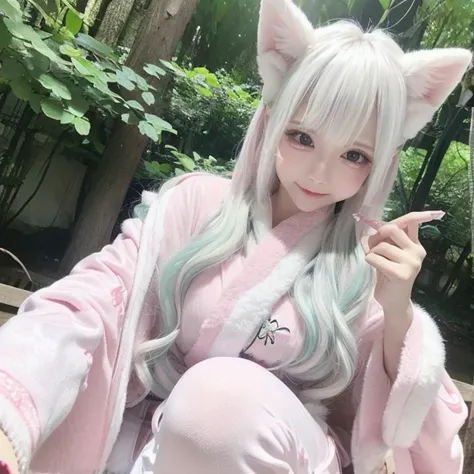 silver light hair，It has white fox ears and a fox tail，pupil，Wearing a pink and white sexy kimono、Happy、sweet、Happy expression in the forest flower sea