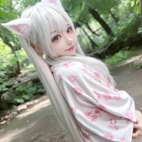 silver light hair，It has white fox ears and a fox tail，pupil，Wearing a pink and white sexy kimono、Happy、sweet、Happy expression in the forest flower sea