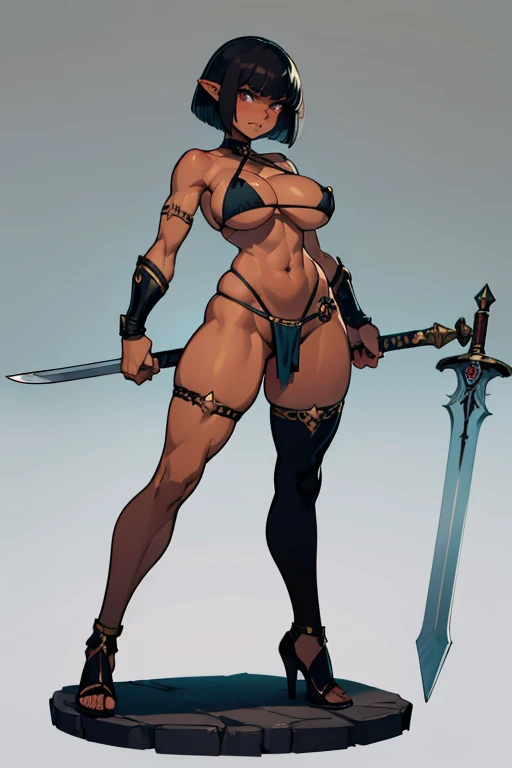 Dark elf, thick hips, thick thighs, platform heels, bikini bra, mini bikini, huge breast, thin waist, tight stockings, bob cut hair, weapon, tanned skin, handle sword, angry look, fullbody, standing, front pose, black skin, tanned, brown skin, Warrior, loi...