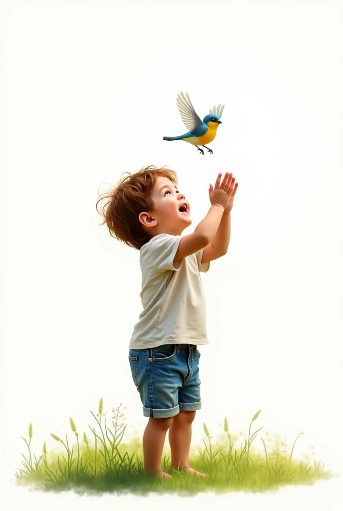 white background,cute llitle boy stand on grass,little bird flying,rais his hands to the liitle bird,little bird flying