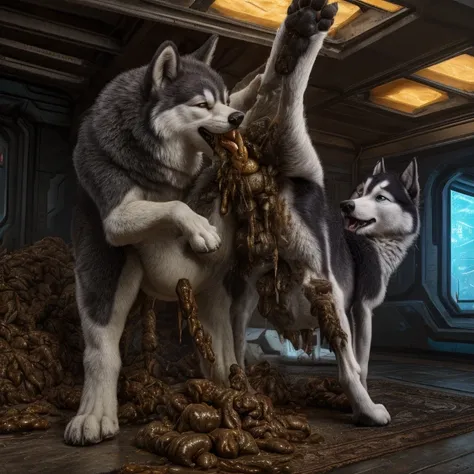 A hyper realistic, ultra detailed image of a husky, fat, (((((feral, husky rimming feces, paws))))), thick thighs, duo, shaded, intricate, realistic, detailed background, (saliva:0.8), panting, drooling, saliva, aroused, ass up, on a klingon star ship, fre...