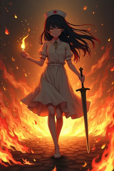 A crying nurse face less anime with stethoscope in neck holding candle in one hand and sword in another hand walking in fire 