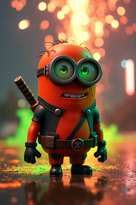 a baby minion as deadpool neon orange splat dripping, black and neon green glow smoke with fireworks exploding above the sky, lightning mcqueen