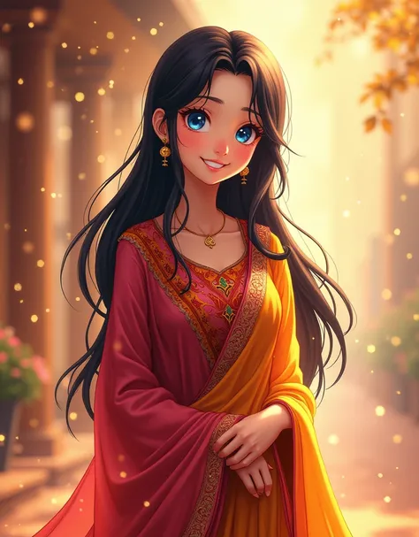 A cute anime girl with beautiful detailed eyes, a delicate nose, thin lips, (anime girl) and long black hair, wearing a traditional salwar suit, smiling sweetly, (best quality,4k,8k,highres,masterpiece:1.2),ultra-detailed,(realistic,photorealistic,photo-re...