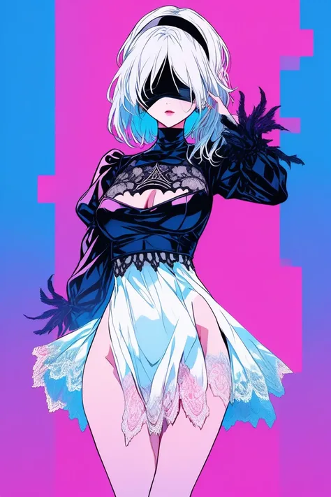 
Illustrator, anime , Realistic ,sketch , 1 person, model, lip, A semi-transparent gothic white mini dress with lots of lace, Blindfold, Cover your eyes, black Blindfold, order, Blue and pink gradient background, Long hair in neon colors, Big Breasts,Upper...