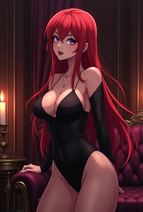 Lisa, anime art style. Solo, 1girl, big breasts, slim waist, big ass, red hair, long hair, dark purple eyes, Hypnotherapist, evil, beautiful, 25_years_old, having_ sex_with_her_slaves.