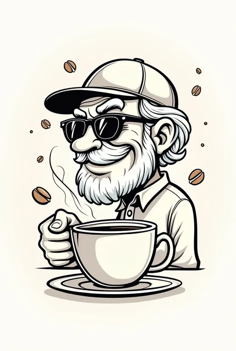 Design a coffee shop logo with a kind grandpa wearing a baseball cap and sunglasses, drinking coffee, in a line art style.

