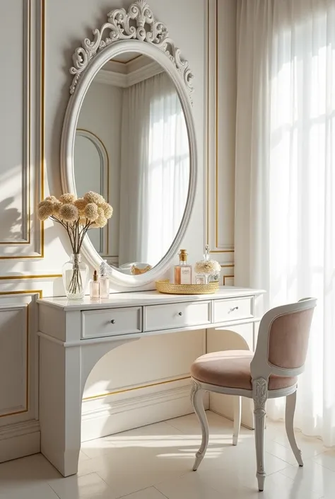 Professional 3d architecture rendering design of modern and gold French design for matte white makeup table with beautiful mirror and white wall and elegant accessories 