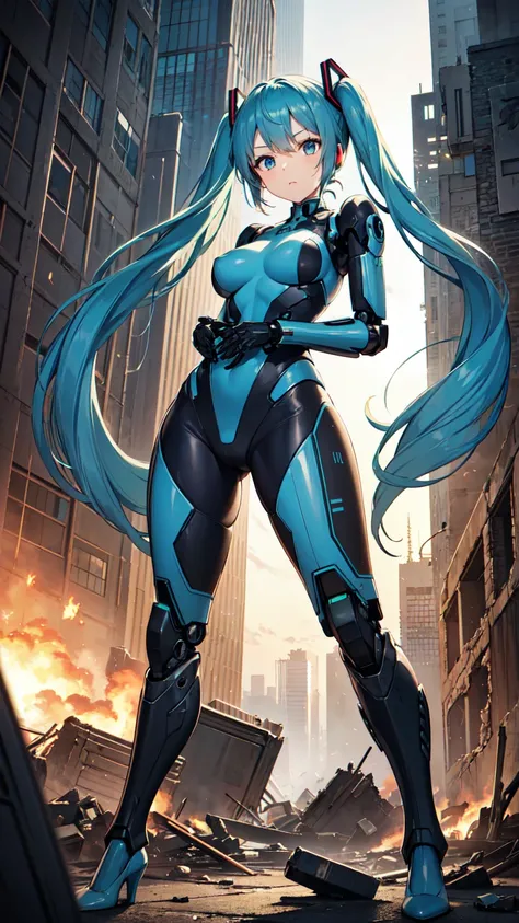 Hatsune Miku Vocaloid、Mecha Girl、Gundam Armor, Twin tails、Light blue hair、High heels、Bright Blue Eyes、Big Breasts, Highly sophisticated cyborg, Arms folded in front of the destroyed city, Ultimate physical beauty、Bionic body with futuristic details. (Arms ...