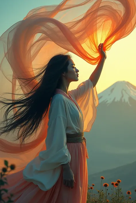 A vibrant background of colors. The dominant colors include shades of muted gold, teal, orange, and purple. The focal point is a woman standing in a field in profile, holding a large, very long, billowy scarf in the wind over her head. Her hair is long and...