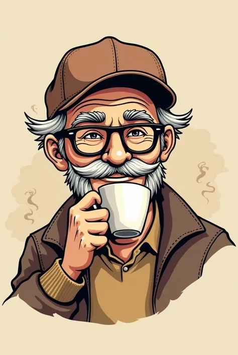 Design a logo for an old-style coffee shop, featuring a kind grandpa without a mustache, wearing a baseball cap and dark glasses, drinking coffee. The design should be in line art style.

