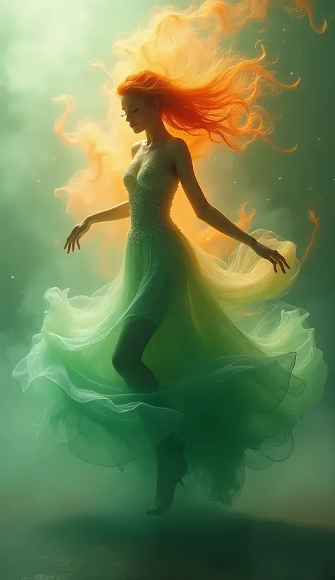 A mesmerizing 3D render by the skillful artist Mschiffe, showcasing a ghostly, smoke-like female figure dancing. The enigmatic woman appears in front full view, exuding a mystical aura as she weaves through a colorful explosion of orange and green hues. He...