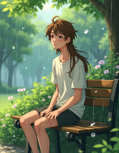 Anime, ghibli style anime, White skin, Brown eyes, Long brown hair, Gender: Male, Cute face, Sparkle in eyes, Details of all body parts, Location details, Sitting leaning on the back of a bench, Head facing the sky, Morning rays falling on his face, Behind...