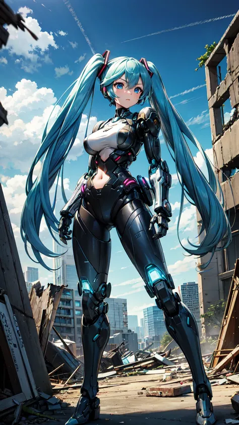 masterpiece、Highest quality、8K Hatsune Miku Vocaloid、Twin tails、Light blue hair、Bright Blue Eyes、Mecha Girl、Big Breasts、Ultimate toned physique、black tights、Highly sophisticated cyborg, Arms folded in front of the destroyed city, Bionic body with futuristi...