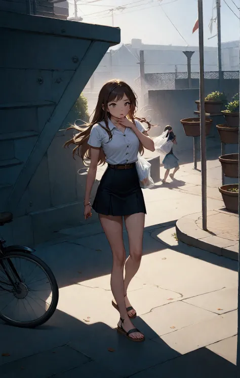 realistic anime illustration of beautiful college girl is holding a smartphone and holding a plastic bag while she walking along the way to her campus, footbridge s downstair and bicycle beside her, she has brown long hair , she wearing all white short sle...