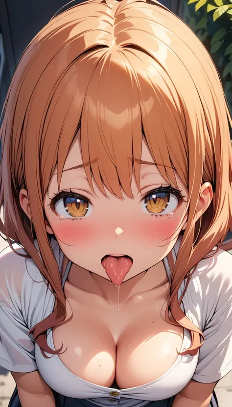 (1girl, jinno megumi, eromanga sensei), beautiful detailed eyes, yellow eyes, half-closed eyes, (tareme),(opened big mouth, licking, Sticky tongue), nsfw, (close-up mouth), (curvy, Slender),(cleavage), from above, Highest quality, Super detailed, masterpie...