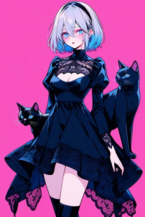 Illustrator, anime , Realistic ,sketch , 1 person, model, Age 25, lip, A black gothic dress with abundant lace and a see-through design., order, Blue and pink gradient background, Neon Medium Hair, Big Breasts, look back, Upper Body, Holding a black cat, S...