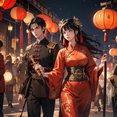 Handsome black-haired male general holding a large sword in ancient Chinese general costume, walking in the city at the night lantern festival. Beautiful female general holding a large spear in ancient Chinese general costume, walking in the city at the ni...