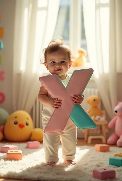 A Baby stand with Alphabet x