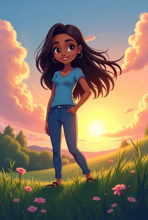 Anime slime Cute girl with Indian dusky skin tone, long free hair, slightly big nose, wearing small hearings for western dress, standing on top of the hill, wearing blue top and blue jeans