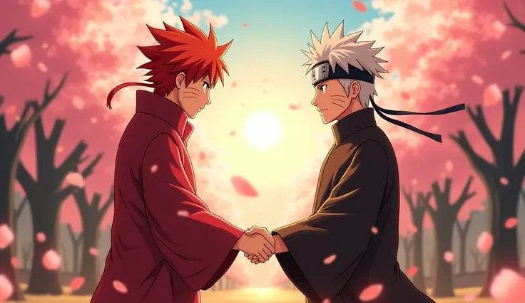 Naruto with red hair holding hands with Hiruzen Sarutobi