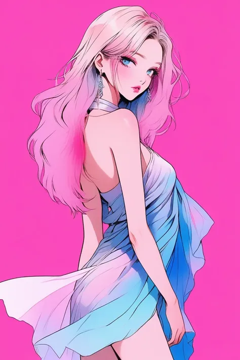 Illustrator, anime , Realistic ,sketch , 1 person, model, Age 25, lip, reveal, A sheer chiffon wrap mini dress, order, Blue and pink gradient background, Neon Medium Hair, Big Breasts, look back, A rose in one hand, Sexy look, Texture Trim, Canadian, (mast...