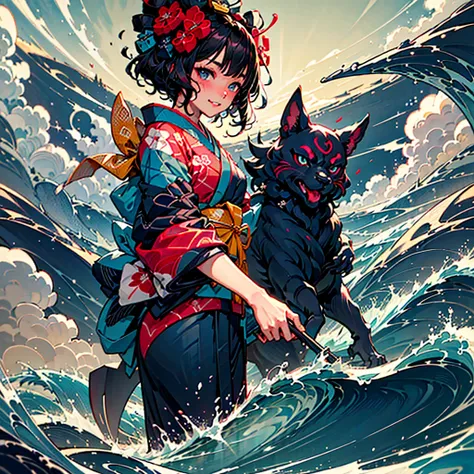 highest quality、masterpiece、official art、dynamic composition、handsome face、a beautiful girl in a kimono surfing in a painting by...