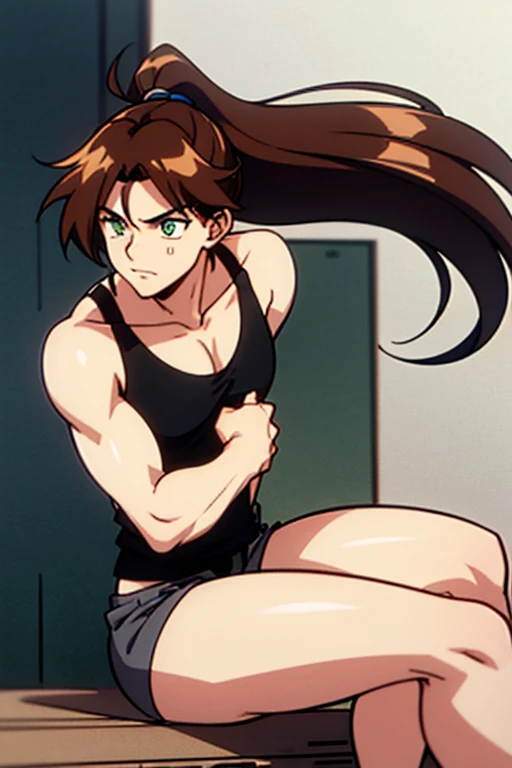 adult man, Brown hair, long hair, ponytail, green eyes, freakishly pale flesh, fairly feminine form for a man, black tank top, black shorts, 90s anime style, thick thighs, lean,