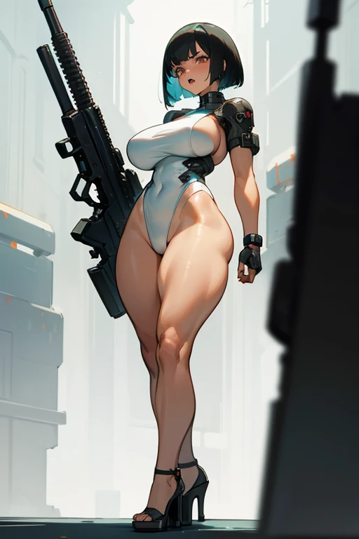  thick hips,  thick thighs, platform  heels, high white high cut leotard, huge breast, thin waist, bob cut hair, weapon, tanned skin, gun, angry look, scream, thick body, muscle, cyberpunk,