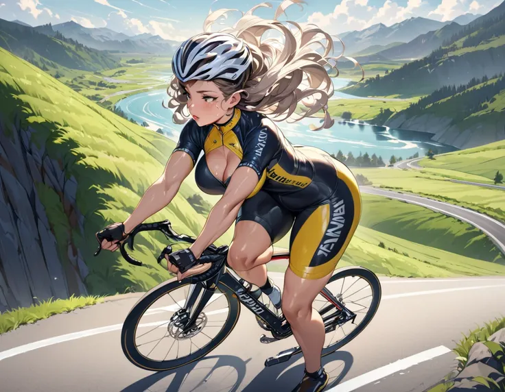 A young and beautiful person,(Highest quality,Extremely detailed depiction,Incredibly absurd high resolution,Anatomically accurate depiction,Nice hands,Perfect Fingers,Curvy Legs,Shiny skin),(Woman riding road bike),(Yellow cycling wear,Black spats,Cycling...