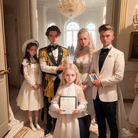 several children and a woman are standing in a room, holding a certificate in his hands, from Maximilizhan Vanka, exclusive, Teresa Fasolino, Alexander Ransiman, Magdalene Behrens, Anna Katarina Block, Alexander Fedosav, Alexander Brook, Caroline Meitinger...