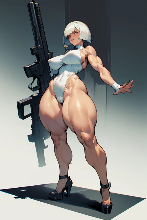  thick hips,  thick thighs, platform  heels, high white high cut leotard, huge breast, thin waist, bob cut hair, weapon, tanned skin, gun, angry look, scream, thick body, muscle, cyberpunk,  (( very wide hips)), (((colossal Thighs, gigantic thighs, very hu...