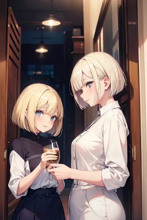 A beautiful blonde woman and a woman with a navy blue bob are flirting
