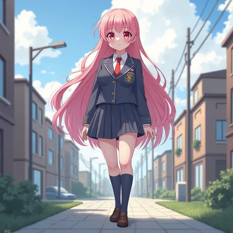 giantess girl, school uniform, long pink hair, odd eye(left:red, right:blue), walking on tiny city, big breast