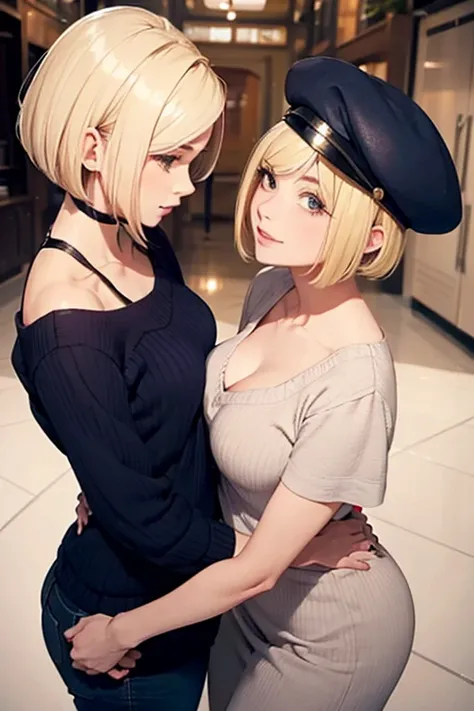 A beautiful blonde woman and a woman with a navy blue bob are flirting
