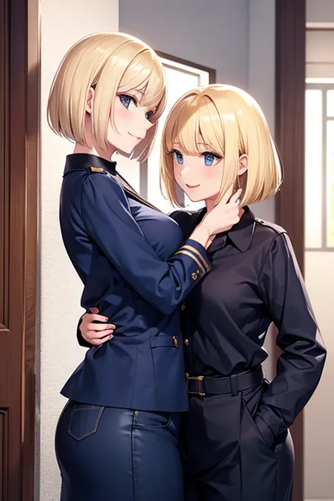 A beautiful blonde woman and a woman with a navy blue bob are flirting
