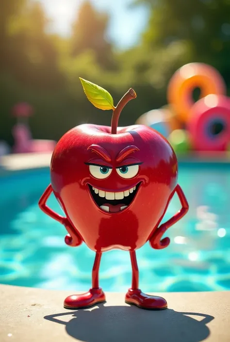 Beautiful tomato, I want one cartoon-style. 

Please give me a sassy cartoon-style apple, strong and sassy. Just apple. Only apple, no tomato.  Please give me a bright orange.  Make it prettier.  The background should be a swimming pool. I want the orange.