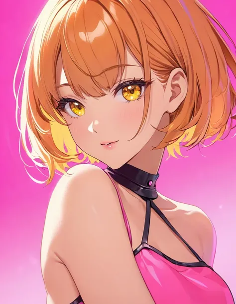 Beautiful adult woman、((Orange short hair))(Yellow Eyes)、(Cute honey in sexy pink outfit)、Shoulder close-up、Neon Background